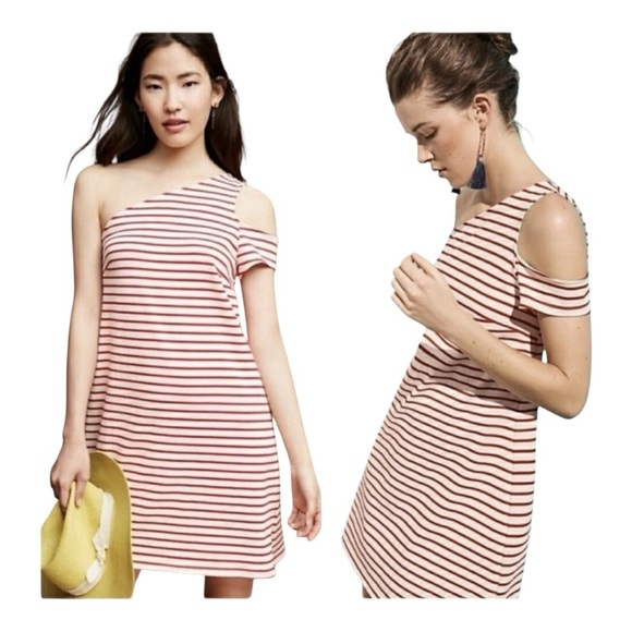 Maeve by Anthropologie Marketa Cotton Striped One-Shoulder Dress. Size Medium. - Picture 1 of 11